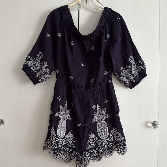 Farm Rio x Anthro Jackie Embroidered Linen Off-Shoulder Pineapple Navy Romper S - Picture 5 of 13